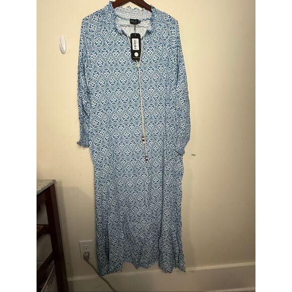 Maya’s Place Reyna Dress Blue Geometric Print Maxi Long Sleeve NWT Size XL - Picture 1 of 5